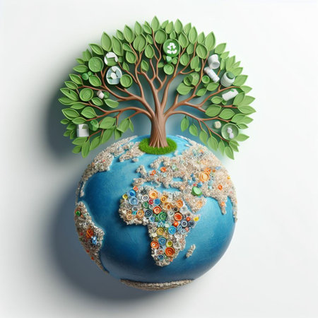 World environment day concept with earth globe and green tree on white backgroundの素材