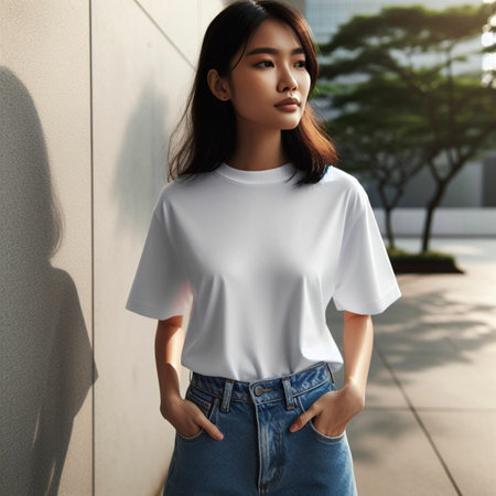 Fashion portrait of young beautiful Asian woman in white t-shirt.の素材