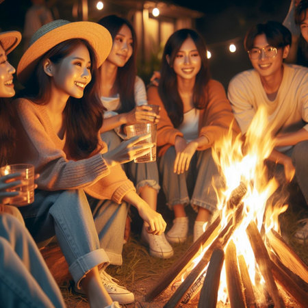 Group of friends sitting near bonfire and drinking beer at night partyの素材