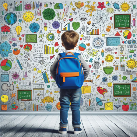 Back view of kid looking at wall with education sketch. Back to school conceptの素材