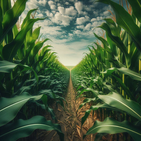 Corn field with blue sky and white clouds. 3D illustration.の素材