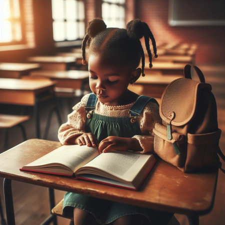 Back to school! Cute little African-American girl is reading a book while sitting at the desk in the classroomの素材