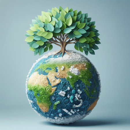 Ecology concept. Earth planet with green tree. 3d illustrationの素材