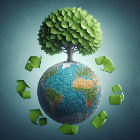 Ecology concept with green tree and recycle symbol on earth planet.の素材