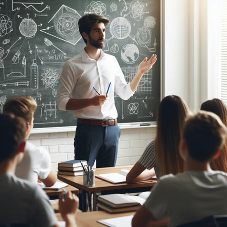 Back to school. Young male teacher standing in front of his students and pointing at the blackboardの素材