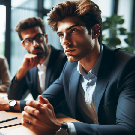 Portrait of two young businessmen looking at camera while sitting at table in officeの素材