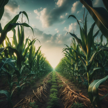 Corn field and blue sky with white clouds, 3d rendering.の素材