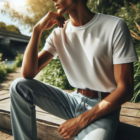 Close-up of a stylish young man in a white T-shirt and jeans sitting on a wooden bench in the park.の素材