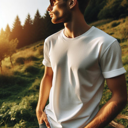 Handsome young man in white t-shirt standing on top of a mountain and looking away.の素材