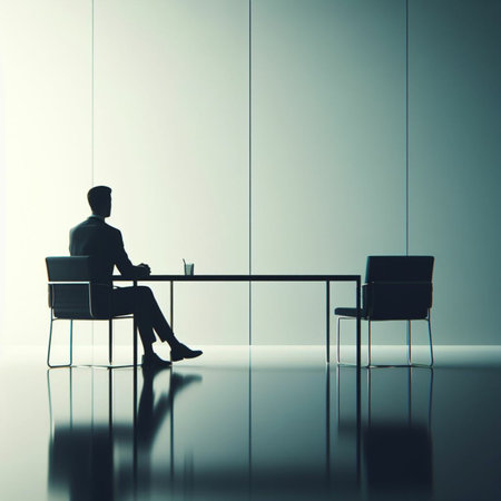 Silhouette of a businessman sitting at a table in an officeの素材