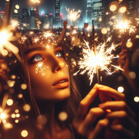 Young beautiful woman with sparklers on the background of the city.の素材