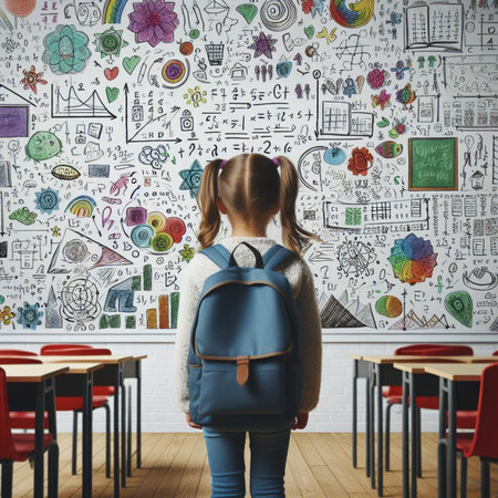 Back view of schoolgirl standing in classroom and looking at wall with sketches. Back to school conceptの素材