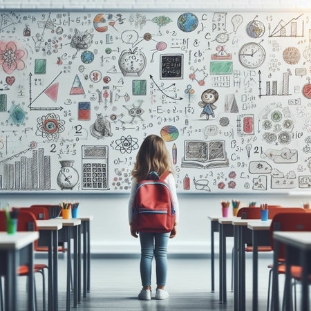 Back view of little schoolgirl with backpack standing in classroom. Back to school conceptの素材