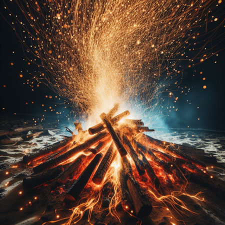 Wooden bonfire with sparks flying around. Firewood burning at night.の素材