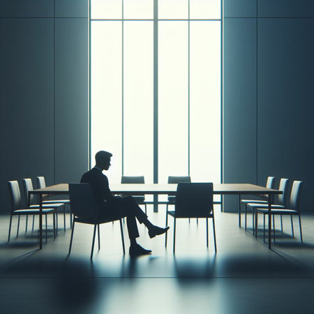 Businessman sitting in modern meeting room with white walls, concrete floor, long wooden table and chairs. Toned image double exposureの素材