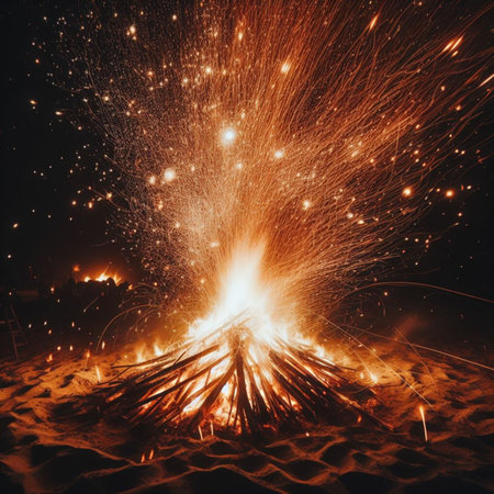 Burning bonfire on the beach at night, close-upの素材