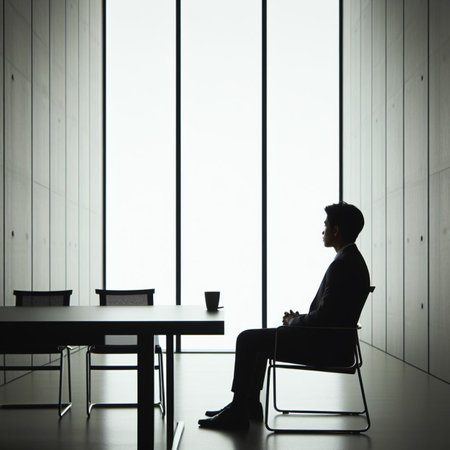 Silhouette of a businessman sitting on a chair in the officeの素材