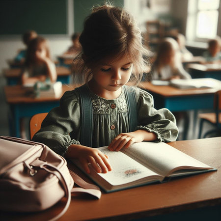 Cute little girl reading a book while sitting at a desk in a classroomの素材