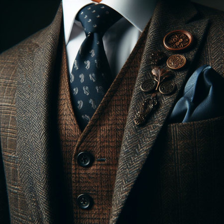 Close-up of a groom's suit with cufflinks and tieの素材