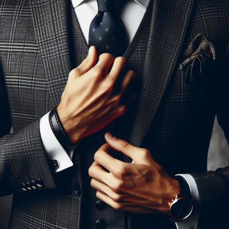 Close up of a businessman adjusting his tie. Men's fashion.の素材