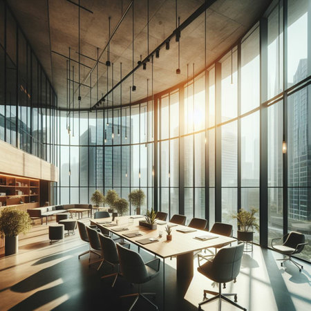Contemporary meeting room interior with city view and daylight. 3D Renderingの素材