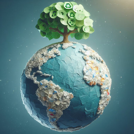 Ecology concept. Earth globe with green tree and recycle symbol.の素材