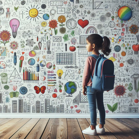 Back view of cute little girl looking at wall with education sketch. Back to school conceptの素材