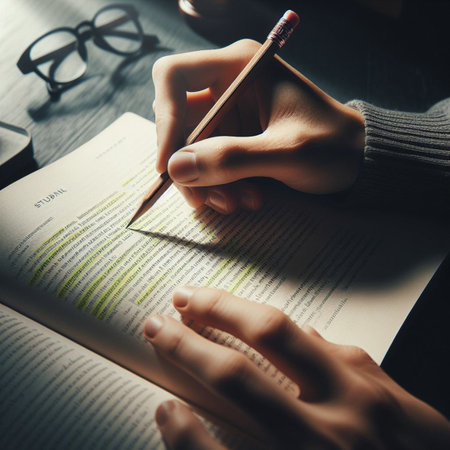 Closeup image of female hands writing in notebook with pencil on tableの素材
