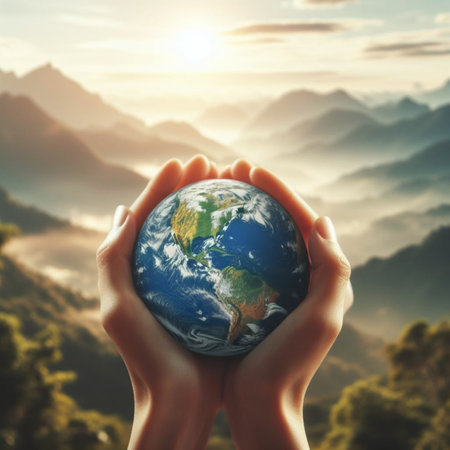 Hands holding Earth globe on nature background, save the earth conceptの素材