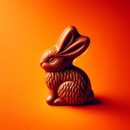 Chocolate Easter bunny on orange background. Minimal easter concept.の素材