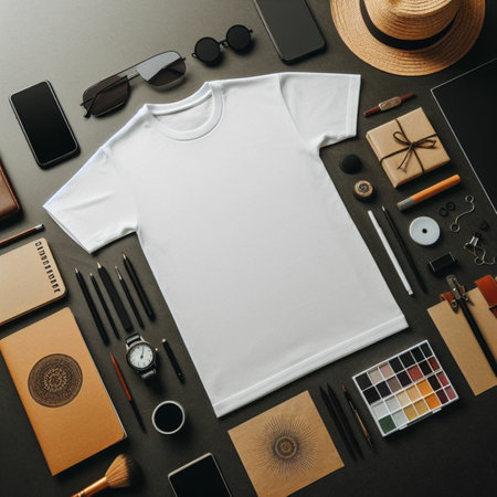 White t-shirt mockup template on black background, flat layの素材