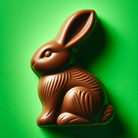 Chocolate Easter bunny on green background. Top view. Flat lay.の素材