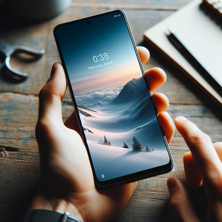 Woman hands using a smart phone with winter landscape on the screen.の素材