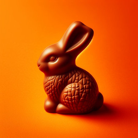 Chocolate Easter bunny on a orange background. 3d rendering.の素材