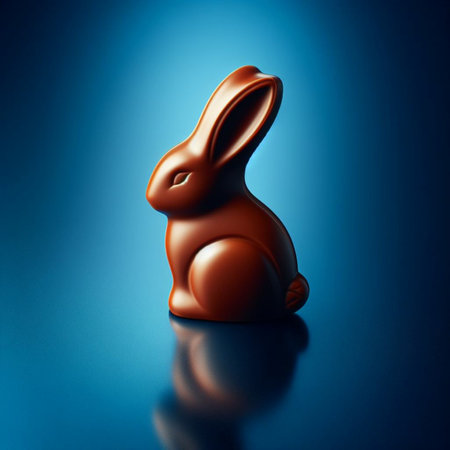 Easter chocolate bunny on blue background. 3d render illustration.の素材