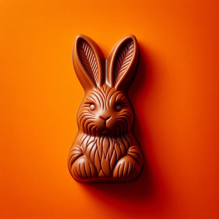Easter chocolate bunny on orange background. Minimal easter concept.の素材