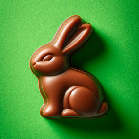 Easter chocolate bunny on green background. Top view, flat layの素材