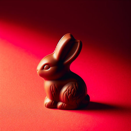 Chocolate Easter bunny on a red background. Festive concept.の素材