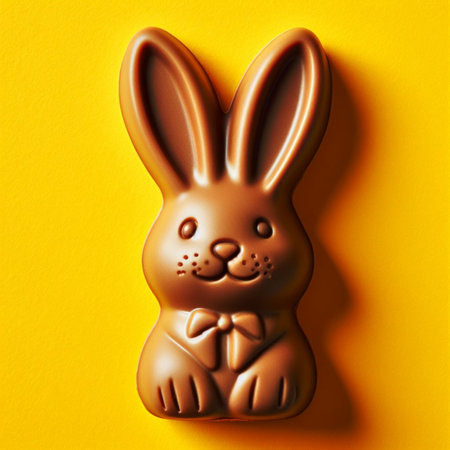 Chocolate Easter bunny on a yellow background. 3d rendering.の素材