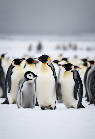 some penguins in the arctic walking around on the north pole and looking for the young babyの素材