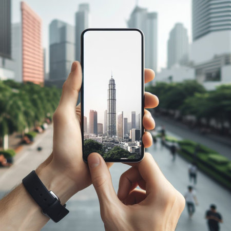 travel concept - tourist photographs Kuala Lumpur city skyline on smartphone screen, Malaysiaの素材