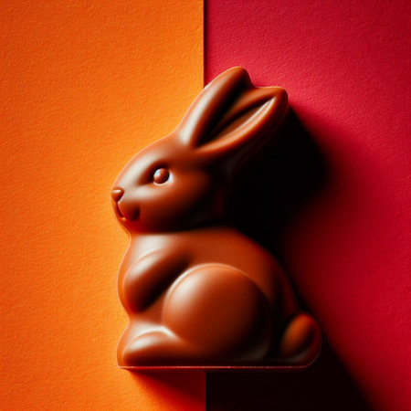 Chocolate Easter bunny on red and orange background with copy space.の素材