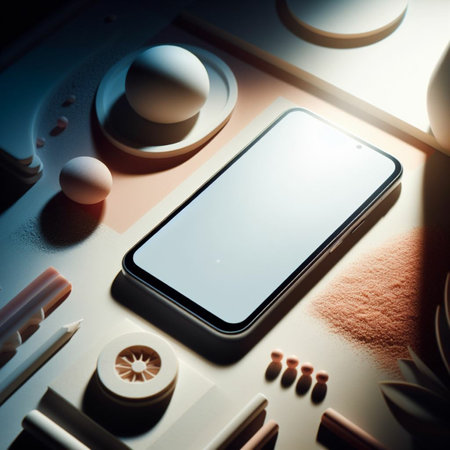 Smartphone with blank screen on the table. 3d rendering.の素材