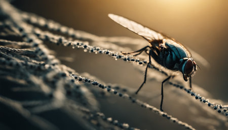 Close up of a fly sitting on a web with dew dropsの素材