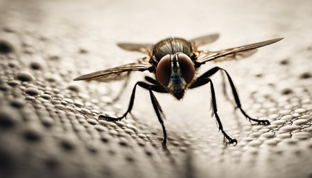 Macro of a fly on a water drops. Shallow depth of fieldの素材