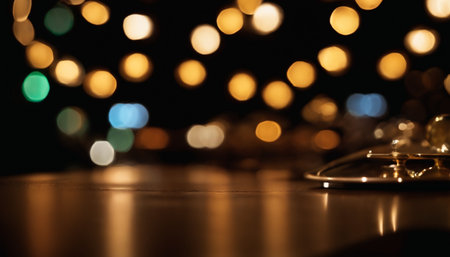 Close up shot of a table with bokeh lights in the backgroundの素材