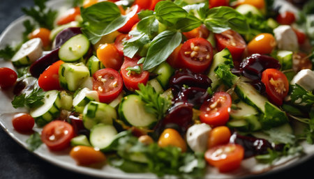 Fresh vegetable salad with cherry tomatoes, cucumber, parsley and mozzarellaの素材
