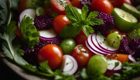 Fresh vegetable salad with tomatoes, cucumbers, red onions and parsley.の素材