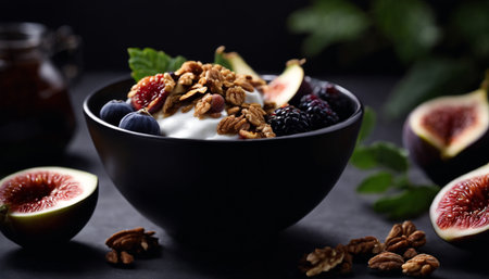 Greek yogurt with fresh figs, blueberries and granola in a bowl on black backgroundの素材
