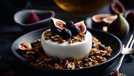 Greek yogurt with fresh figs, blueberries and granola on black backgroundの素材
